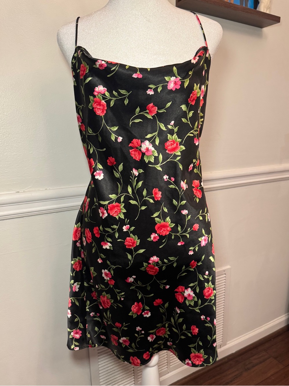 🌹 Floral Satin Slip Dress Black Pink Rose Print Spaghetti Strap Small